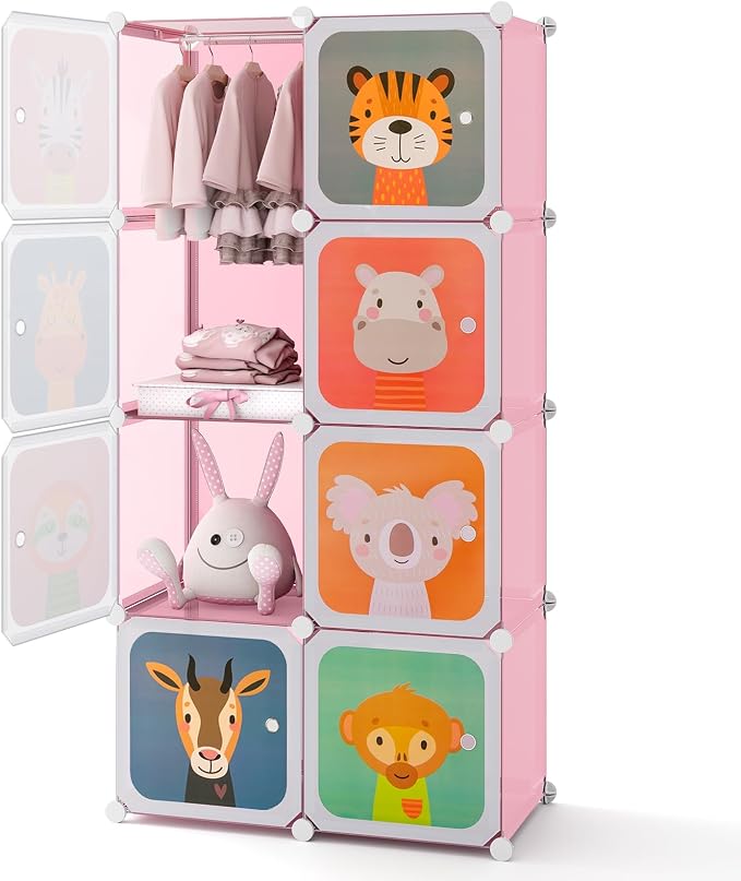 HONEY JOY Kids Wardrobe Closet, Baby Cartoon Clothes Storage Organizer, 8 Cubes & 2 Hanging Sections, Portable Children DIY Modular Bedroom Armoire Dresser Cabinet for Boys Girls (Pink, 8-Cube)