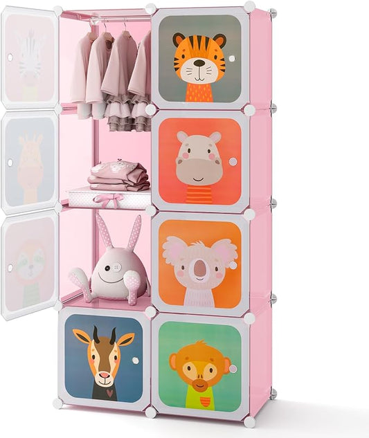 HONEY JOY Kids Wardrobe Closet, Baby Cartoon Clothes Storage Organizer, 8 Cubes & 2 Hanging Sections, Portable Children DIY Modular Bedroom Armoire Dresser Cabinet for Boys Girls (Pink, 8-Cube)