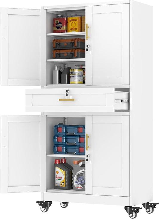 PAOFIN Metal Tall Storage Cabinet with Drawer, Garage Storage Cabinet with Locking Doors and 3 Adjustable Shelves, 71" H Steel Cabinets for Garage, Home, Office, White, Assembly Required