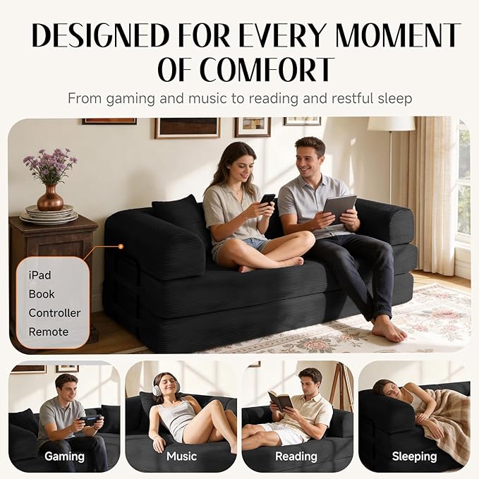 78.8" Memory Foam Boneless Couch, Corduroy Floor Sofa Bed, Convertible Sleeper Futon Loveseat, Wide Armrests & Back Support, Supports Up to 1200 lbs, Couch in a Box with 2 Pillows, Black