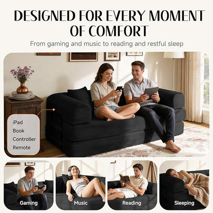 78.8" Memory Foam Boneless Couch, Corduroy Floor Sofa Bed, Convertible Sleeper Futon Loveseat, Wide Armrests & Back Support, Supports Up to 1200 lbs, Couch in a Box with 2 Pillows, Black