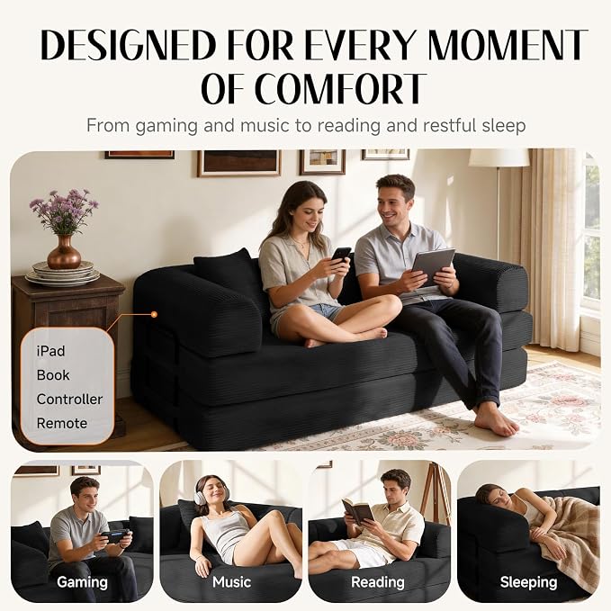 79'' Convertible Sofa Bed, Boneless Couch-in-a-Box, Corduroy Floor Futon Loveseat Sleeper, 26'' Deep Seat, Removable Machine-Wash Covers, No Assembly, 2 Pillows, Black