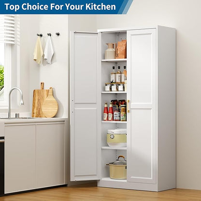 71" Metal Storage Cabinet with 4 Adjustable Shelves, White & Gold Tall Kitchen Pantry Cabinet, 180 lbs Load Per Shelf, Heavy Duty Steel Utility Organizer, Magnetic Catch