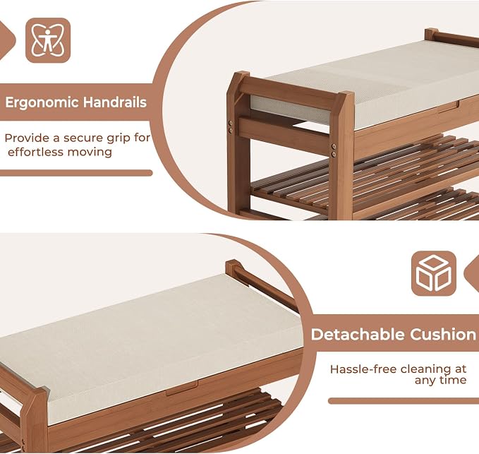 27.6" Bamboo Shoe Bench with Cushion, 3-Tier Adjustable Storage Bench for Entryway, Heavy Duty Shoe Rack Organizer with Removable Soft Cushion for Living Room Bedroom Hallway