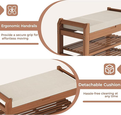 27.6" Bamboo Shoe Bench with Cushion, 3-Tier Adjustable Storage Bench for Entryway, Heavy Duty Shoe Rack Organizer with Removable Soft Cushion for Living Room Bedroom Hallway