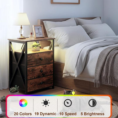 AMHANCIBLE Nightstands Set of 2, LED Night Stand with Charging Station, End Side Tables with USB Port & Outlet, Bedside Tables with 3 Fabric Drawers for Bedroom, Rustic Brown HET053LBR
