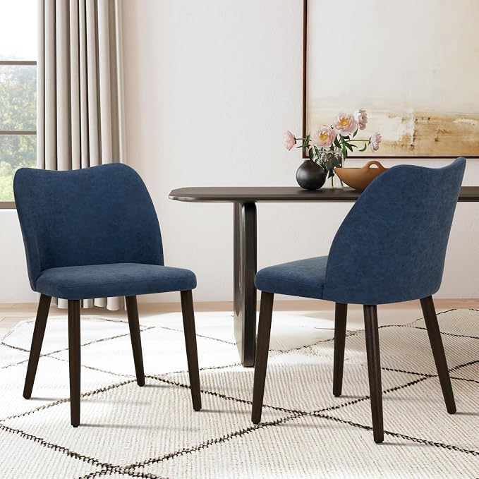 COLAMY Upholstered Dining Chairs Set of 6, Modern PU Leather Dining Room Kitchen Side Chair with Padded Seat and Wood Legs Restaurant/Cafe, Blue