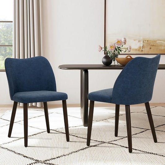 COLAMY Upholstered Dining Chairs Set of 6, Modern PU Leather Dining Room Kitchen Side Chair with Padded Seat and Wood Legs Restaurant/Cafe, Blue