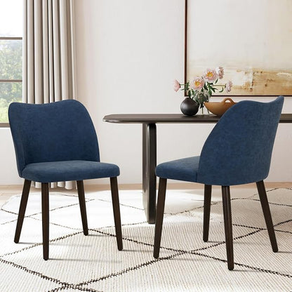 COLAMY Upholstered Dining Chairs Set of 2, Modern PU Leather Dining Room Kitchen Side Chair with Padded Seat and Wood Legs Restaurant/Cafe, Blue