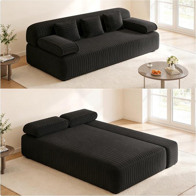 Convertible Sofa Bed, 78.7" Frameless Floor Sofa-in-a-Box, Corduroy Boneless Couch for Small Space Apartments, Queen Sleeper Sofa for Everyday Use, 3 Pillows Included, No Assembly (Black)