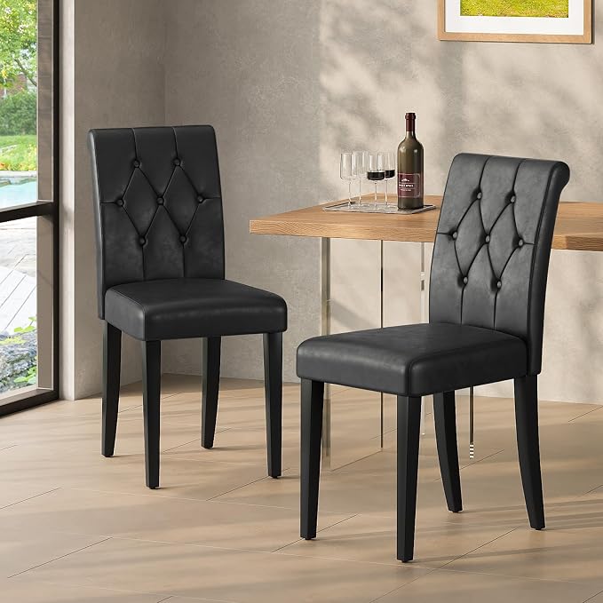 Welzona Upholstered Dining Chairs Set of 6, Button Tufted Parsons Dining Chair with Solid Wood Legs, Modern PU Leather Side Chair for Dining Room/Kitchen/Restaurant/Hotel- Black