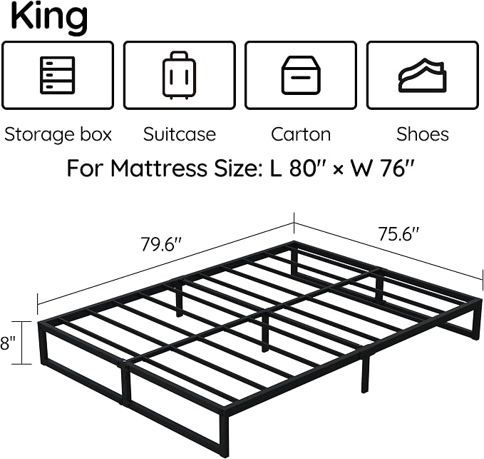 Richwanone 8 Inch King Size Bed Frame Heavy Duty Metal Platform Bed, Black | King Size Bed Frame, Mattress Foundation with Steel Slat Support, No Box Spring Needed, Easy Assembly
