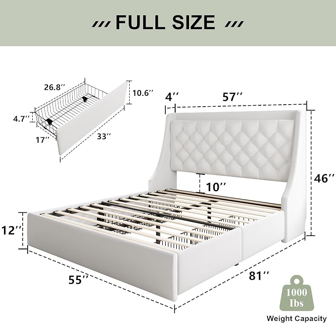Feonase Upholstered Full Size Bed Frame with 4 Storage Drawers, Charging Station, Tufted Wingback Storage Headboard, No Box Spring Needed, Easy Assembly, White