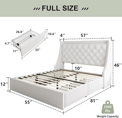 Feonase Upholstered Full Size Bed Frame with 4 Storage Drawers, Charging Station, Tufted Wingback Storage Headboard, No Box Spring Needed, Easy Assembly, White