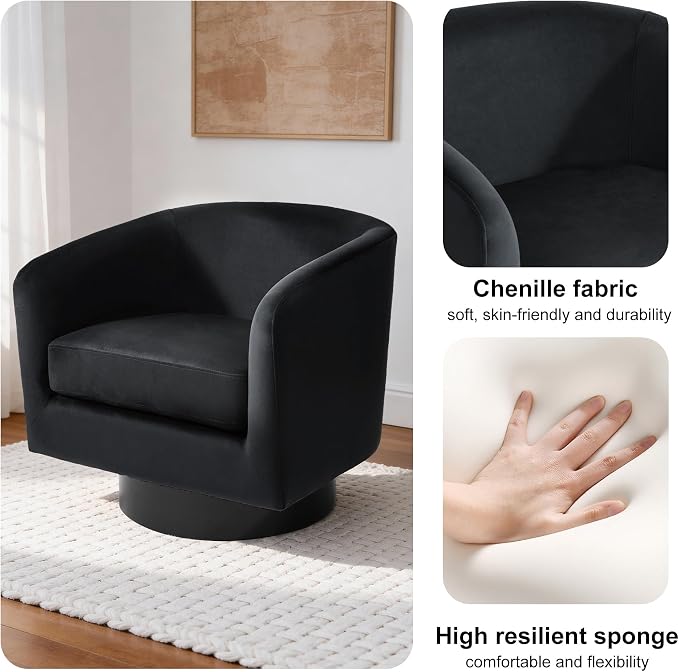 Swivel Barrel Accent Chair, Modern Round Chenille Fabric Arm Chair for Living Room, Bedroom, Comfy Club Reading Chairs for Adults（Velvet Black, Set of 2