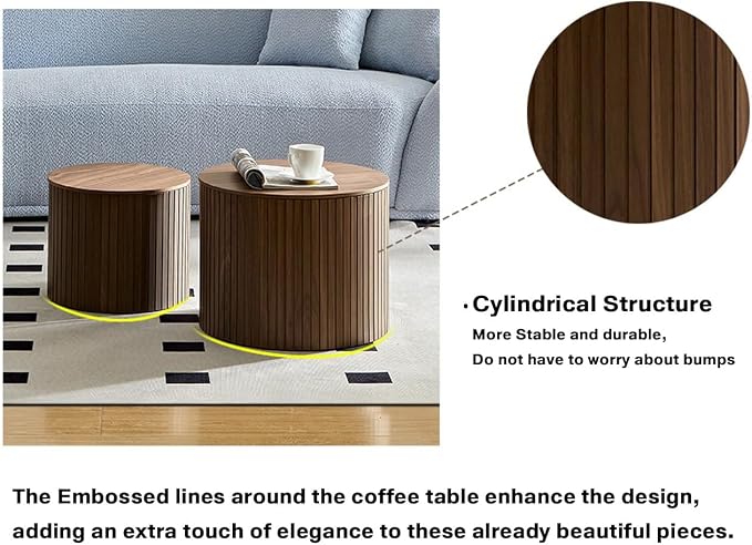 Nesting Coffee Tables Set of 2, Wooden Round Fluted Coffee Tables with Storage, Accent Drum Side Table, Luxury Modern Circle End Table for Small Spaces Living Room Bedroom Balcony Office, Walnut