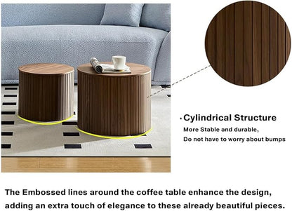 Nesting Coffee Tables Set of 2, Wooden Round Fluted Coffee Tables with Storage, Accent Drum Side Table, Luxury Modern Circle End Table for Small Spaces Living Room Bedroom Balcony Office, Walnut