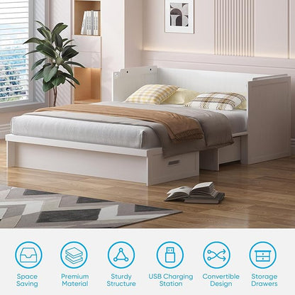Mjkone Murphy Bed, Queen Hidden Cabinet Bed with Built-in USB Charging Station and 2 Storage Drawers, Murphy Wall Beds Cabinet Beds for Living Room, Guest Room, Apartment, White (No Mattress)