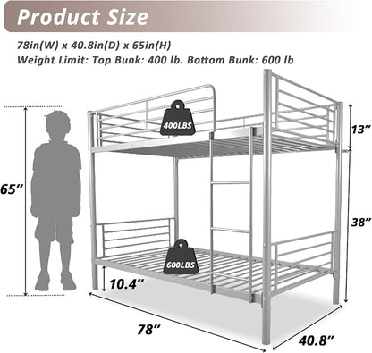 Karl home Metal Bunk Bed Twin Over Twin with Built-in Ladder, Grey | Heavy Duty Bunkbeds with Safety Guardrail and Space-Saving Design,Twin Bunk Beds for Kids, Teens & Adults, No Box Spring