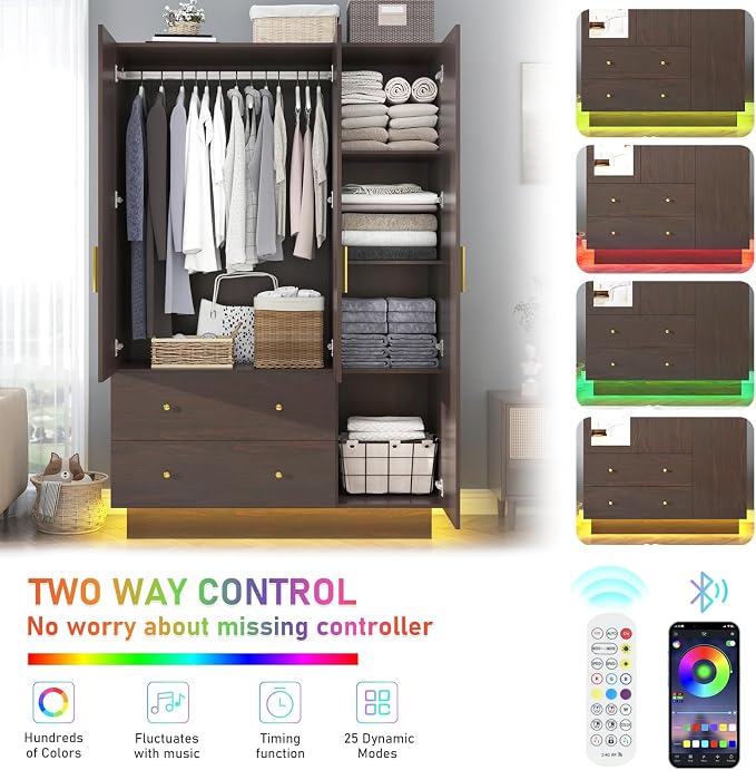 jiteentarou 3 Door Wardrobe Closet with Mirror & LED Lights, Bedroom Armoire with Drawers & Shelves, Farmhouse Wooden Armoire Wardrobe Closet with Hanging Rod for Bedroom, Brown