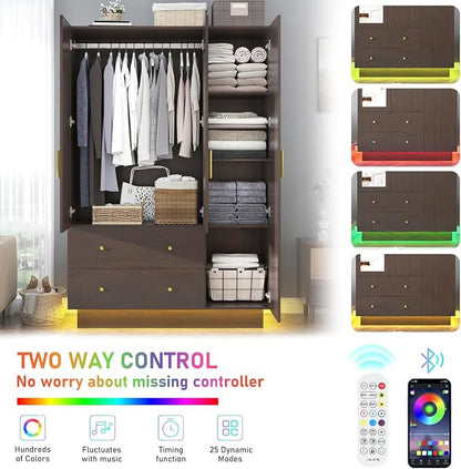 jiteentarou 3 Door Wardrobe Closet with Mirror & LED Lights, Bedroom Armoire with Drawers & Shelves, Farmhouse Wooden Armoire Wardrobe Closet with Hanging Rod for Bedroom, Brown