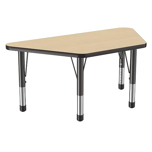 FDP Trapezoid Activity School and Classroom Kids Table (24 x 48 inch), Chunky Toddler Legs for Collaborative Seating Environments, Adjustable Height 15-24 inches - Maple Top and Black Edge