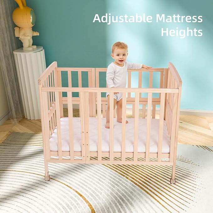Flwrgirl Mini Baby Crib with Mattress,Portable Bedside Bassinet Sleeper,5 Adjustable Heights,Wood Nursery Crib with Locking Wheels,Compact Baby Bed for Newborns Infants,Unpainted