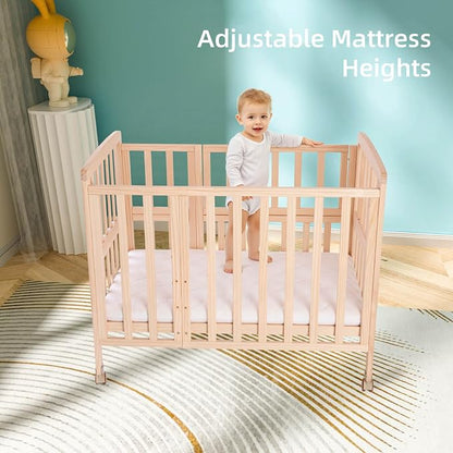 Flwrgirl Mini Baby Crib with Mattress,Portable Bedside Bassinet Sleeper,5 Adjustable Heights,Wood Nursery Crib with Locking Wheels,Compact Baby Bed for Newborns Infants,Unpainted