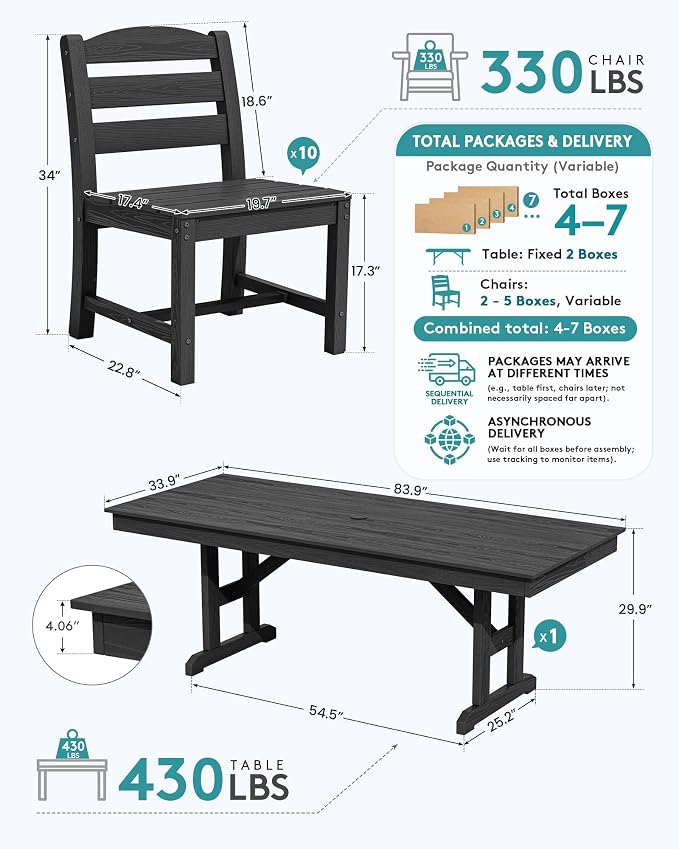 SERWALL 9 Piece 84" HDPE Outdoor Dining Set for 8 with Armless Chairs and Umbrelle Hole, Black