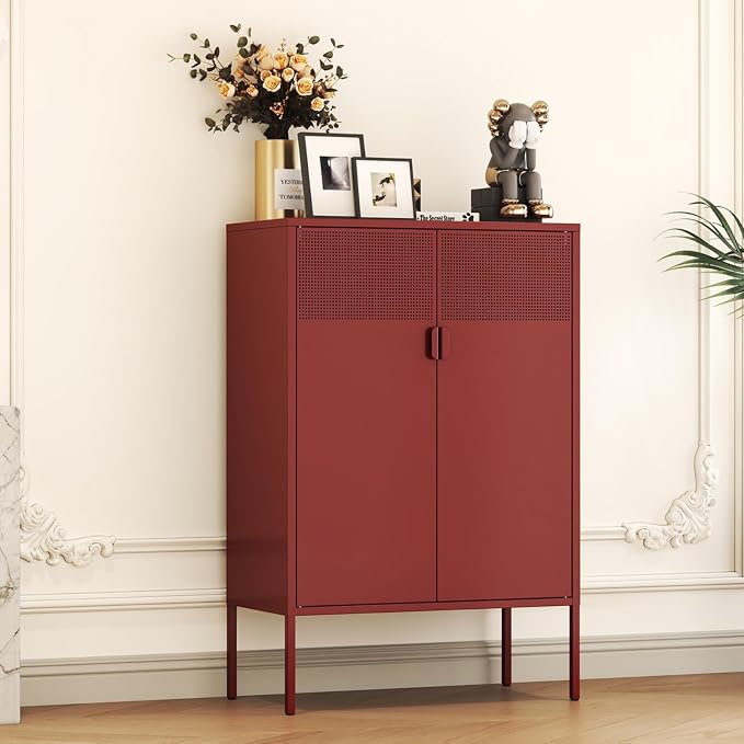 Metal Storage Locker Cabinet with 2 Doors & Adjustable Shelves, 47" Red Accent Furniture, Multipurpose Office Dresser or TV Stand for Home Entryway