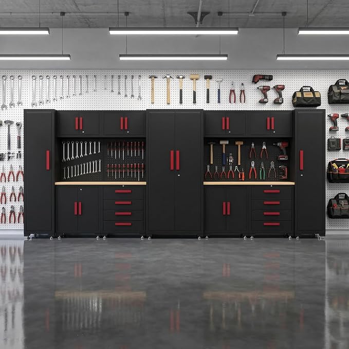 Garage Storage Cabinet System, 13Pcs Garage Cabinets and Storage System Corner Workshop Set with Corner Cabinet, Cabinet Drawers, Workbench, Pegboard for Tool Organization, Black Red
