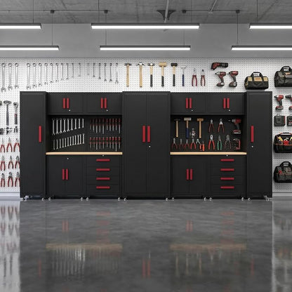 Garage Storage Cabinet System, 13Pcs Garage Cabinets and Storage System Corner Workshop Set with Corner Cabinet, Cabinet Drawers, Workbench, Pegboard for Tool Organization, Black Red
