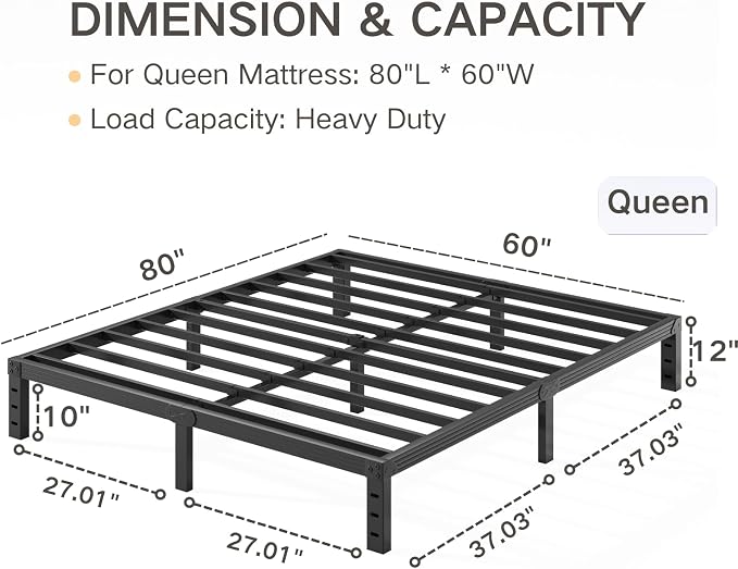 Queen Bed Frame, Heavy Duty 12" High Black Metal Platform Bed, Sturdy Steel, No Box Spring Needed, Noise-Free, Easy Assembly