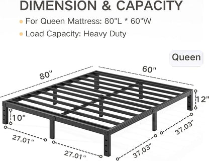 Queen Bed Frame, Heavy Duty 12" High Black Metal Platform Bed, Sturdy Steel, No Box Spring Needed, Noise-Free, Easy Assembly