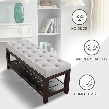 adochr Linen Large Rectangular Ottoman with Storage, Upholstered Entryway Bench for Living Room, Oversized Button Tufted Ottoman with Wood Shelf Storage, Light Grey
