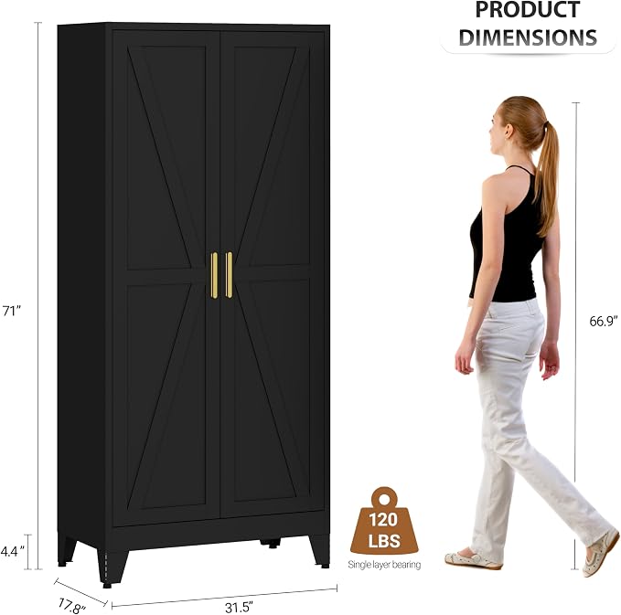 Metal Wardrobe Closet with Doors, 71" H Armoire Wardrobe Closet with 3 Adjustable Shelves and Hanging Rod, Steel Clothing Storage Cabinet for Bedroom, Home, Employee, Gym, Office, Black