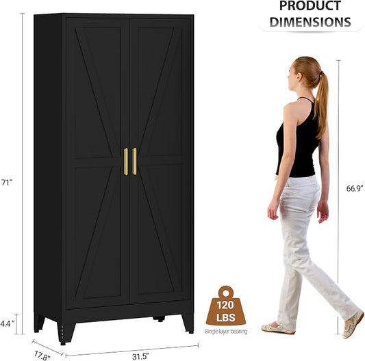 71" Steel Combination Wardrobe Closet, Metal Storage Wardrobe Cabinet with 2 Doors, Hanging Rod & Shelves, Black Metal Armoire Wardrobes Clothing Coat Cabinet for Bedroom, Office, School