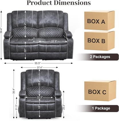 Yolsali Velvet Fabric Loveseat Recliner Sofa Set with 2-Tier Cushion, 2+1 Pieces in Living Room, 2 Seater Reclining Loveseat with Removable Console, 1 Oversize Recliner Chair Sofa Seat - Grey