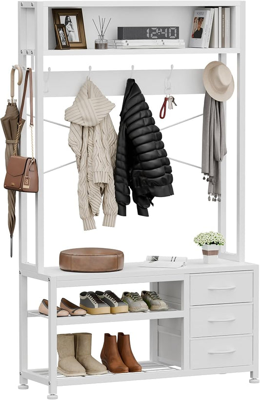 Lulive Hall Tree with Bench and Shoe Storage, 31.5" Coat Rack Freestanding with 2-Tier Storage Shelf, 5-in-1 Entryway Bench Coat Rack with 12 Hooks and 3 Drawers(White)