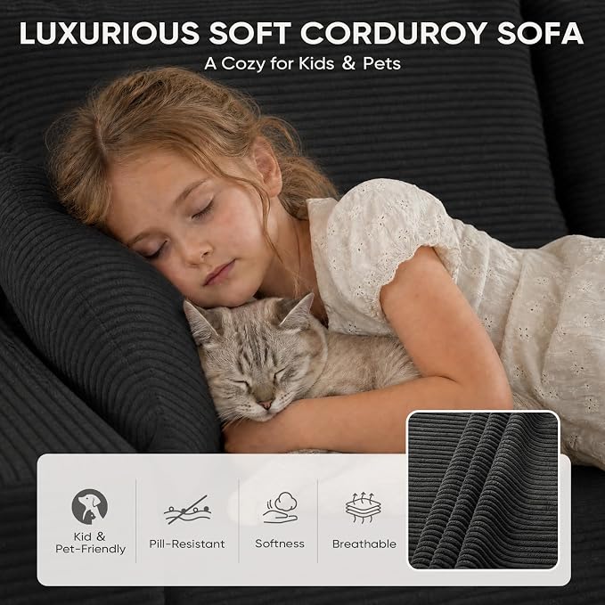 Boneless Couch, 102.4" Sectional Couches for Living Room with L Shape Sofa | Cloud Couch Sectional with Chaise, Modular Cloud Sofa with Deep Seat, No Assembly, Black, Corduroy, Right Chaise