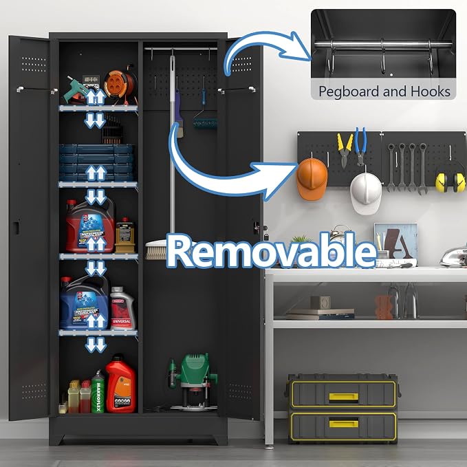72.8" H Metal Broom Closet Storage Cabinet, Garage Storage Cabinet with Pegboard & Hanging Rod Hooks for Garage Home,Black
