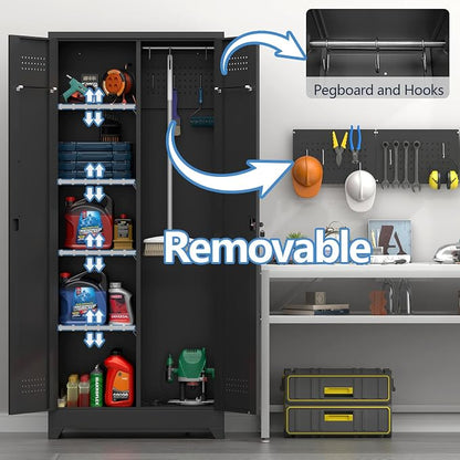 72.8" H Metal Broom Closet Storage Cabinet, Garage Storage Cabinet with Pegboard & Hanging Rod Hooks for Garage Home,Black