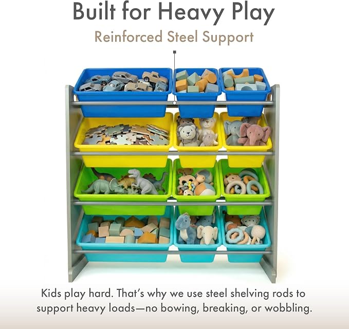 Humble Crew Toy Storage Organizer with 12 Removable Storage Bins for Kids Playroom, 4-Tier Toddler Toy Organization, Grey/Blue/Green/Yellow