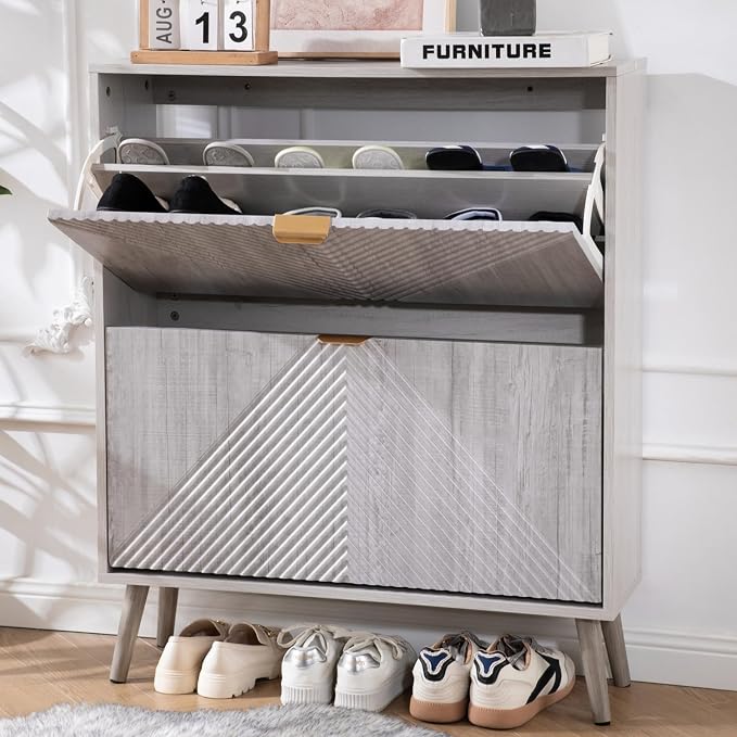 oakvivo Shoe Cabinet with 2 Flip Drawers, Freestanding Shoe Organizer with 4 Wooden feet, Modern Shoes Storage Cabinet for Entryway, Hidden Narrow Shoe Rack Cabinet for Foyer, Hallway, Mudroom, Grey