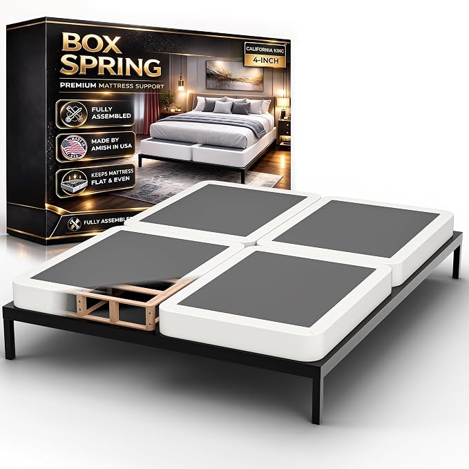 Box Spring Bed Base California King Size, 4-Inch Wood Mattress Foundation – Amish Made in USA – Quiet Noise Free, Under Mattress-Support BoxSpring, Fully Assembled, White