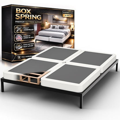 Box Spring Bed Base California King Size, 4-Inch Wood Mattress Foundation – Amish Made in USA – Quiet Noise Free, Under Mattress-Support BoxSpring, Fully Assembled, White