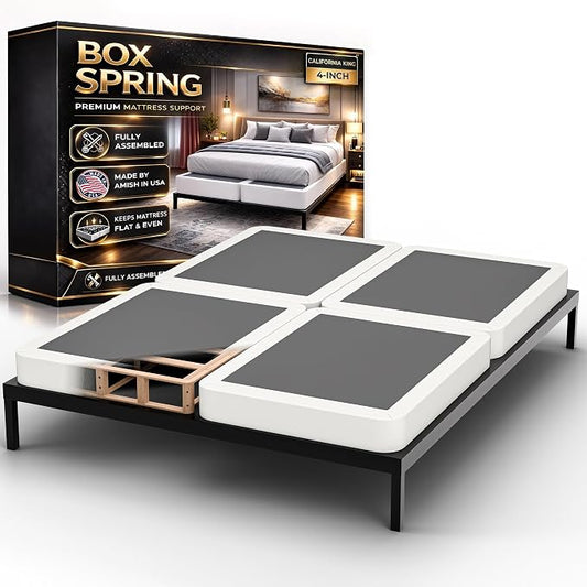 Box Spring Bed Base California King Size, 4-Inch Wood Mattress Foundation – Amish Made in USA – Quiet Noise Free, Under Mattress-Support BoxSpring, Fully Assembled, White