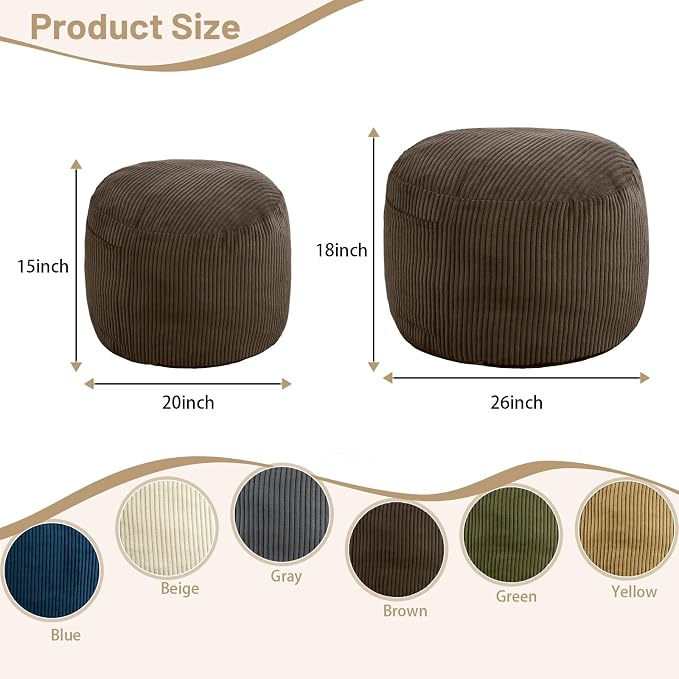 Round Stuffed Pouf Ottoman,Corduroy Foot Rest with Rebound Foam Filled, Furry and Fluffy Foot Stool Ottoman, Floor Poufs for Living Room (Brown, 26" D x 26" W x 18" H)