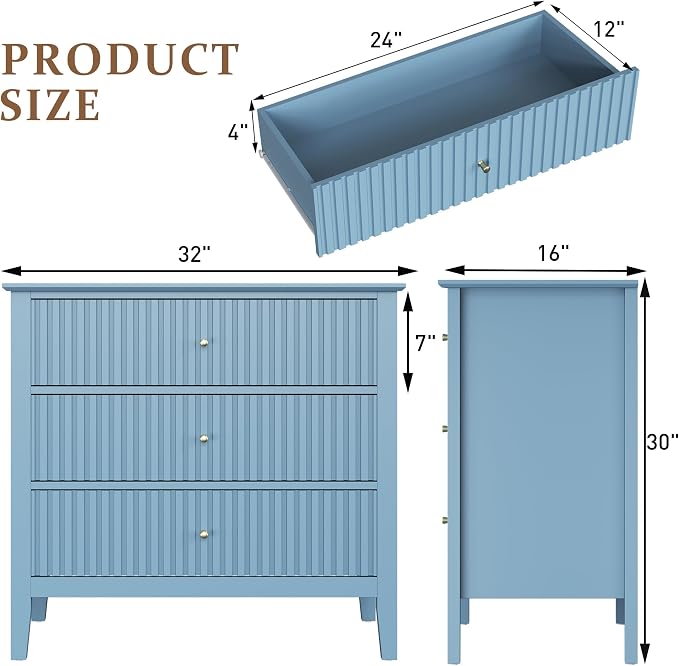 RoyalCraft 32" Large Nightstand Set of 2, Fluted Painted Bedside Table with 3 Spacious Drawers, Modern Tall End Table for Bedroom, Light Blue