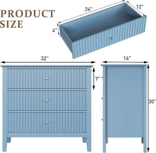 RoyalCraft Fluted 3 Drawer Dresser Set of 2, 32'' Wide Dresser Nightstand for Bedroom, Modern Wood Chest of Drawers, Large Painted Nightstand with 3 Drawers for Closet, Hallway, Entryway, Light Blue
